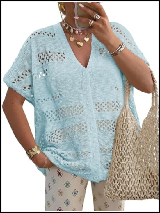 Sweaters - Women Crochet Cardigan Short Sleeve Knit Open Front Sweater V-Neck